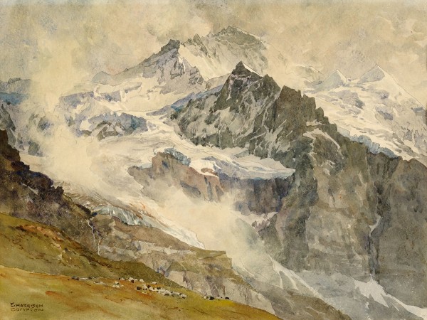 Alps with sheeps at the base of the mountain by Edward Theodore Compton